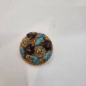 Vintage Filigree Round Brooch Womens 1.75in GoldTone Turquoise Amber Rhinestone